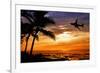 Sunset with Palm Tree and Airplane Silhouettes-krisrobin-Framed Photographic Print