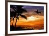 Sunset with Palm Tree and Airplane Silhouettes-krisrobin-Framed Photographic Print