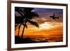 Sunset with Palm Tree and Airplane Silhouettes-krisrobin-Framed Photographic Print