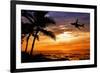 Sunset with Palm Tree and Airplane Silhouettes-krisrobin-Framed Photographic Print