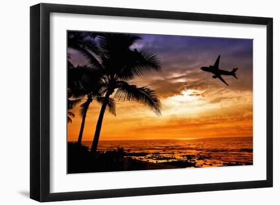 Sunset with Palm Tree and Airplane Silhouettes-krisrobin-Framed Photographic Print