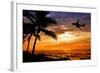 Sunset with Palm Tree and Airplane Silhouettes-krisrobin-Framed Photographic Print