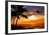 Sunset with Palm Tree and Airplane Silhouettes-krisrobin-Framed Photographic Print