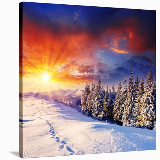 Sunset with Winter Mountains-null-Stretched Canvas