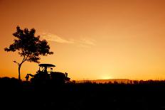 Silhouette Farmers Drive Tractors the Fields in the Morning-Sunti-Stretched Canvas