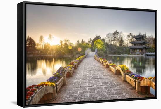 Suocui Bridge and Moon Embracing Pagoda at Lijiang's Heilongtan/Black Dragon Pool.-Andreas Brandl-Framed Stretched Canvas