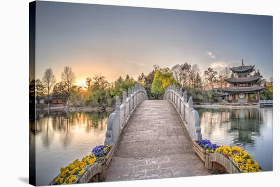 Suocui Bridge with Moon Embracing Pagoda at Heilongtan (Black Dragon Pool) in Lijiang-Andreas Brandl-Stretched Canvas
