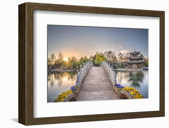 Suocui Bridge with Moon Embracing Pagoda at Heilongtan (Black Dragon Pool) in Lijiang-Andreas Brandl-Framed Photographic Print