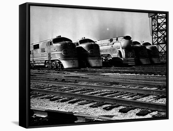 Super Chief and El Capitan Locomotives from the Santa Fe Railroad Sitting in a Rail Yard-William Vandivert-Framed Stretched Canvas