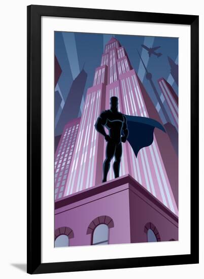 Superhero in City-Malchev-Framed Art Print