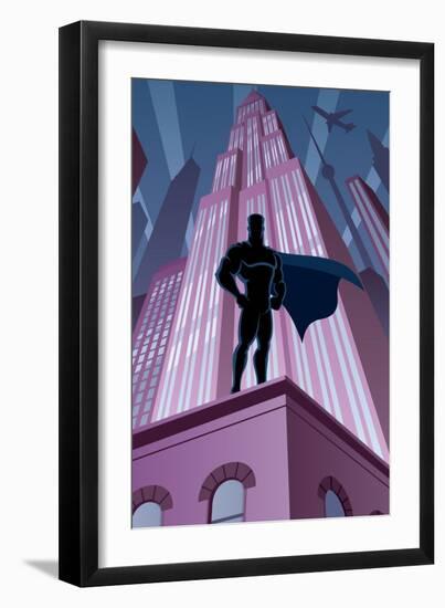 Superhero in City-Malchev-Framed Art Print