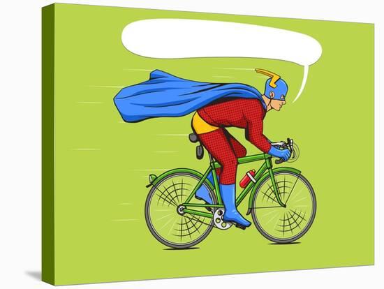 Superhero on a Bicycle Cartoon Pop Art Vector Illustration. Human Comic Book Vintage Retro Style.-Alexander_P-Stretched Canvas