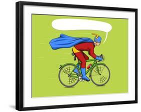 Superhero on a Bicycle Cartoon Pop Art Vector Illustration. Human Comic Book Vintage Retro Style.-Alexander_P-Framed Art Print