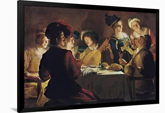 Supper with the Minstrel and His Lute-Gerrit van Honthorst-Framed Art Print