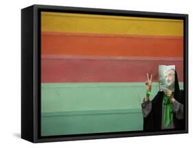 Supporter of Mir Hossein Mousavi Hides Her Face as She Waits at an Election Rally in Tehran-null-Framed Stretched Canvas
