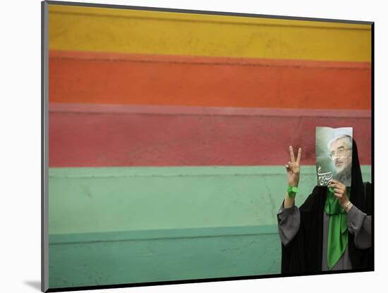 Supporter of Mir Hossein Mousavi Hides Her Face as She Waits at an Election Rally in Tehran-null-Mounted Photographic Print