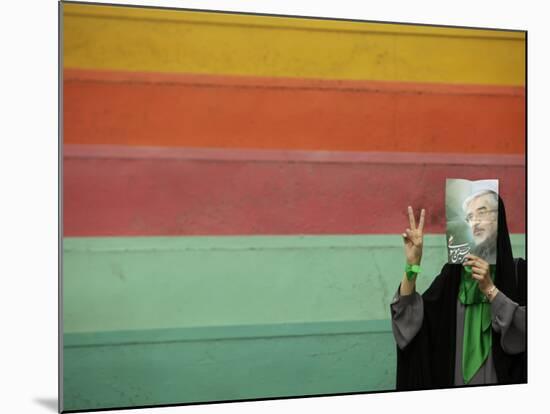 Supporter of Mir Hossein Mousavi Hides Her Face as She Waits at an Election Rally in Tehran-null-Mounted Photographic Print