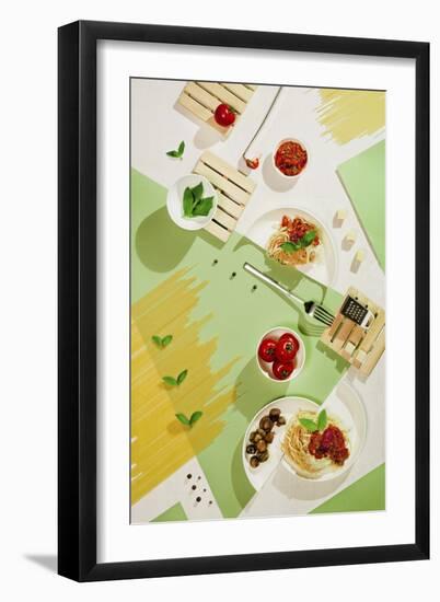 Suprematic Meal: Pasta With Tomato Sauce And Mushrooms-Dina Belenko-Framed Giclee Print