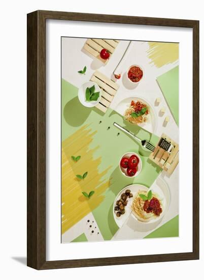 Suprematic Meal: Pasta With Tomato Sauce And Mushrooms-Dina Belenko-Framed Giclee Print