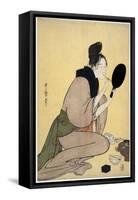 Sur La Beaute : Femme Se Maquilant Les Levres - Bijin-Ga. Girl Applying Makeup to Her Lips Par Utam-Kitagawa Utamaro-Framed Stretched Canvas
