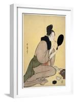 Sur La Beaute : Femme Se Maquilant Les Levres - Bijin-Ga. Girl Applying Makeup to Her Lips Par Utam-Kitagawa Utamaro-Framed Giclee Print