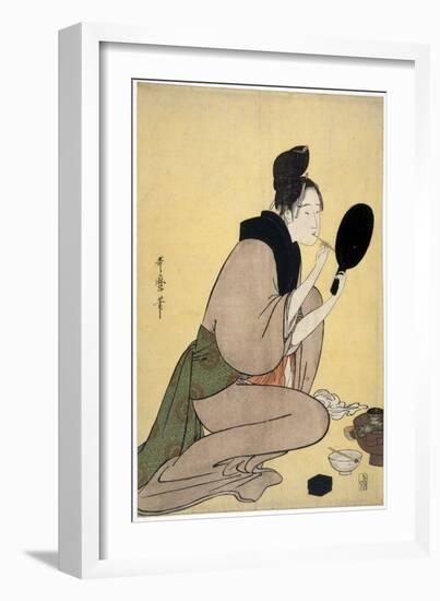 Sur La Beaute : Femme Se Maquilant Les Levres - Bijin-Ga. Girl Applying Makeup to Her Lips Par Utam-Kitagawa Utamaro-Framed Giclee Print