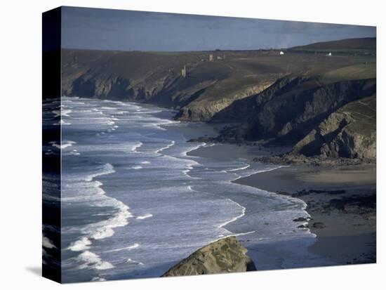 Surf and Tin Mine Chimneys in Distance, Porthtowan, Cornwall, England, United Kingdom-D H Webster-Stretched Canvas