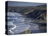 Surf and Tin Mine Chimneys in Distance, Porthtowan, Cornwall, England, United Kingdom-D H Webster-Stretched Canvas