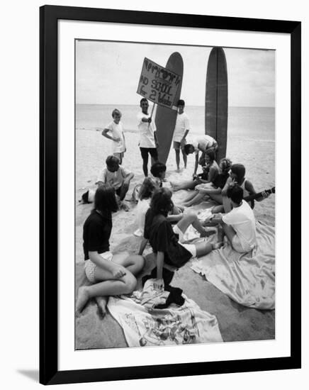 Surf Boards on Beach with Students Shut Out of School by Ft. Lauderdale Teacher Strike-null-Framed Photographic Print