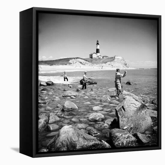 Surf Casting Fishermen Working the Shore Near the Historic Montauk Point Lighthouse-Alfred Eisenstaedt-Framed Stretched Canvas