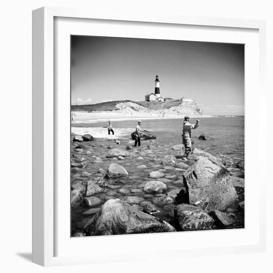 Surf Casting Fishermen Working the Shore Near the Historic Montauk Point Lighthouse-Alfred Eisenstaedt-Framed Photographic Print