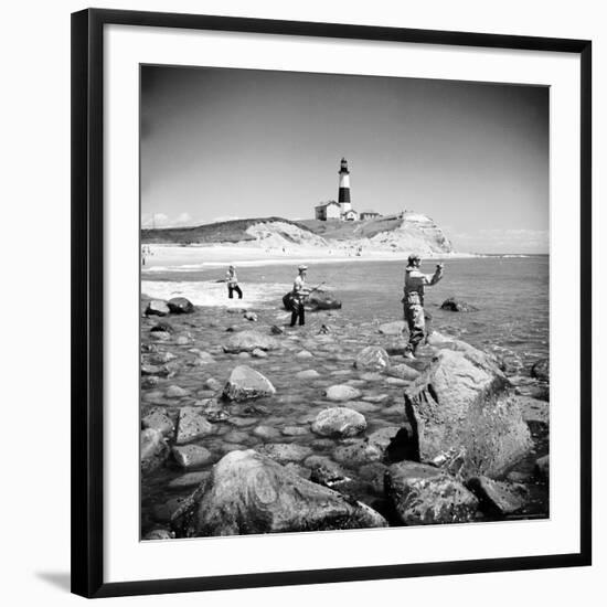 Surf Casting Fishermen Working the Shore Near the Historic Montauk Point Lighthouse-Alfred Eisenstaedt-Framed Photographic Print