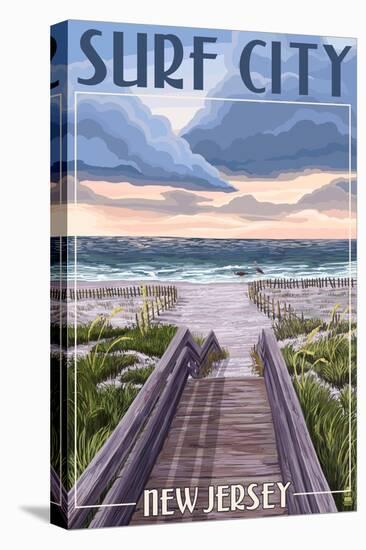 Surf City, New Jersey - Beach Boardwalk Scene-Lantern Press-Stretched Canvas