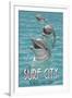 Surf City, North Carolina - Dolphins-Lantern Press-Framed Art Print