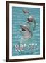 Surf City, North Carolina - Dolphins-Lantern Press-Framed Art Print