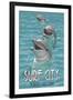 Surf City, North Carolina - Dolphins-Lantern Press-Framed Art Print