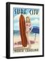 Surf City, North Carolina - Surfer Girl Pinup-Lantern Press-Framed Art Print