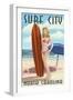 Surf City, North Carolina - Surfer Girl Pinup-Lantern Press-Framed Art Print