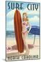 Surf City, North Carolina - Surfer Girl Pinup-Lantern Press-Mounted Art Print