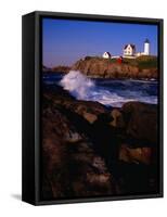 Surf Crashing on York Beach with Nubble Lighthouse in Background, Cape Neddick, USA-Levesque Kevin-Framed Stretched Canvas