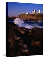 Surf Crashing on York Beach with Nubble Lighthouse in Background, Cape Neddick, USA-Levesque Kevin-Stretched Canvas