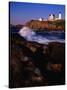 Surf Crashing on York Beach with Nubble Lighthouse in Background, Cape Neddick, USA-Levesque Kevin-Stretched Canvas