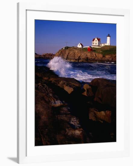 Surf Crashing on York Beach with Nubble Lighthouse in Background, Cape Neddick, USA-Levesque Kevin-Framed Photographic Print