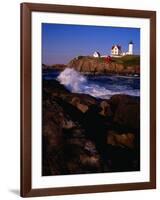 Surf Crashing on York Beach with Nubble Lighthouse in Background, Cape Neddick, USA-Levesque Kevin-Framed Photographic Print