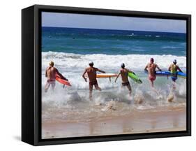 Surf Lifesavers Sprint for Water During a Rescue Board Race at Cronulla Beach, Sydney, Australia-Andrew Watson-Framed Stretched Canvas