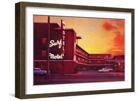 Surf Motel at Sunset, Retro-null-Framed Art Print