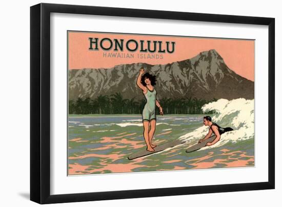 Surf Riders, Honolulu, Hawaii, Graphics-null-Framed Art Print