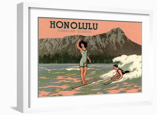 Surf Riders, Honolulu, Hawaii, Graphics-null-Framed Art Print