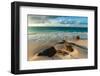 Surf surging towards boulders buried in sand on a tropical beach. Anse Victorin Beach, Seychelles.-Sergio Pitamitz-Framed Photographic Print