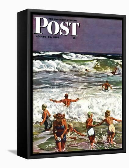 "Surf Swimming," Saturday Evening Post Cover, August 14, 1948-John Falter-Framed Stretched Canvas